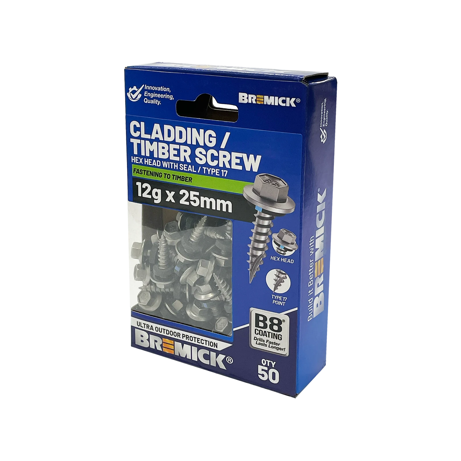 Bremick 12g x 25mm Hex Cladding Screws B8 Type 17 - 50 Pack