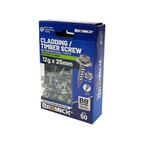 Bremick 12g x 25mm Hex Cladding Screws B8 Type 17 - 50 Pack