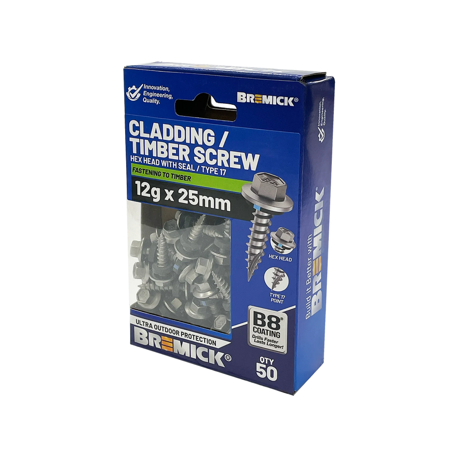 Bremick 12g x 25mm Hex Cladding Screws B8 Type 17 - 50 Pack