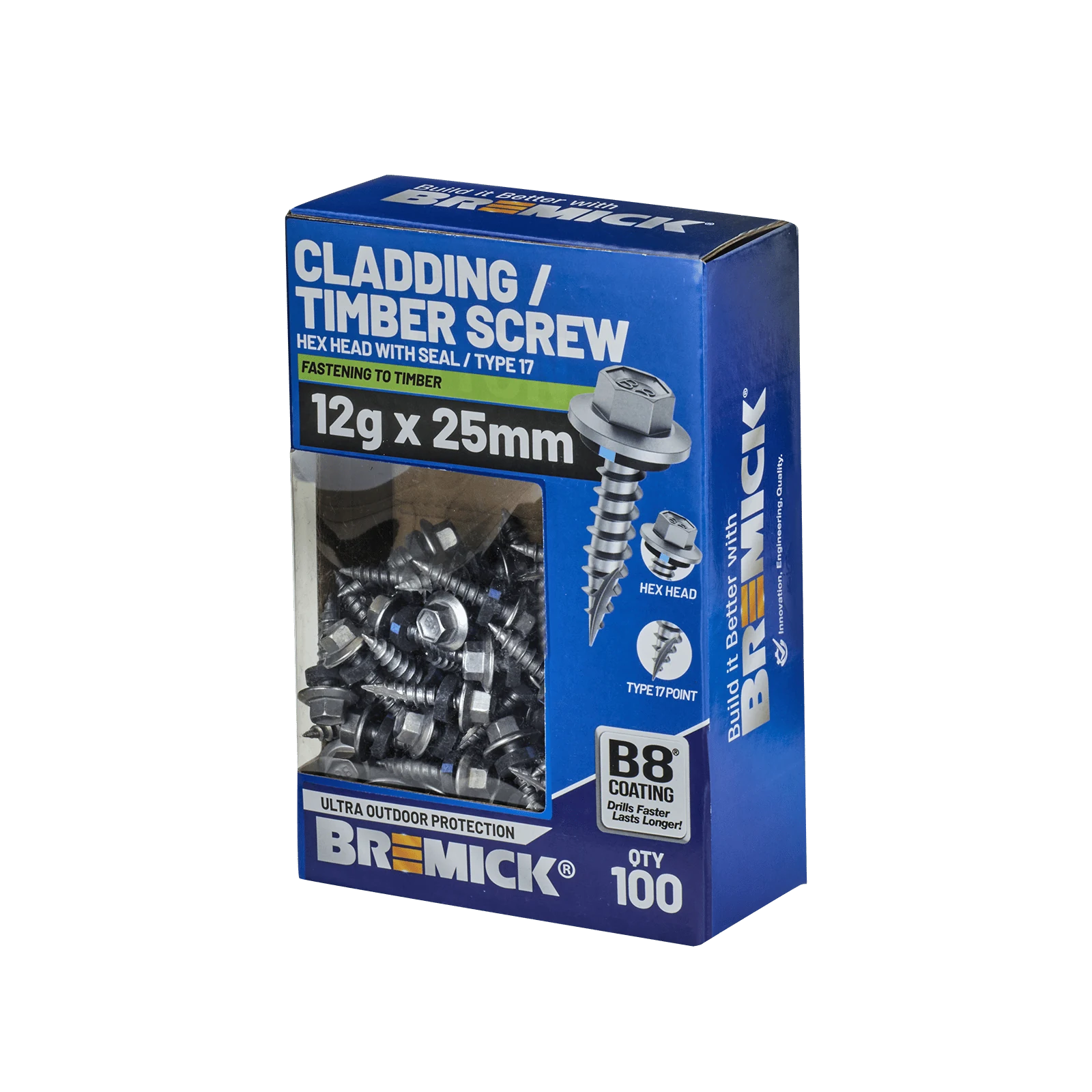 Bremick 12g x 25mm Hex Cladding Screw, Carbon Steel B8 Coating, Sealed Head Type 17 Point - 100 Pack