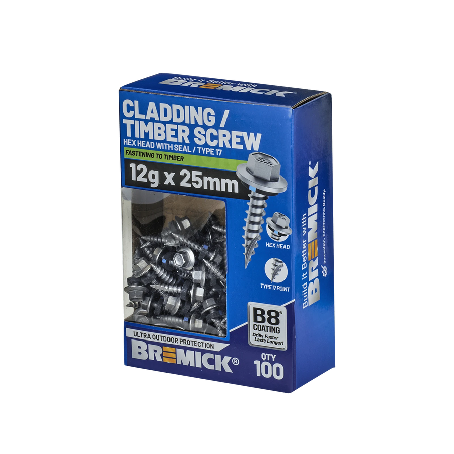Bremick 12g x 25mm Hex Cladding Screw, Carbon Steel B8 Coating, Sealed Head Type 17 Point - 100 Pack