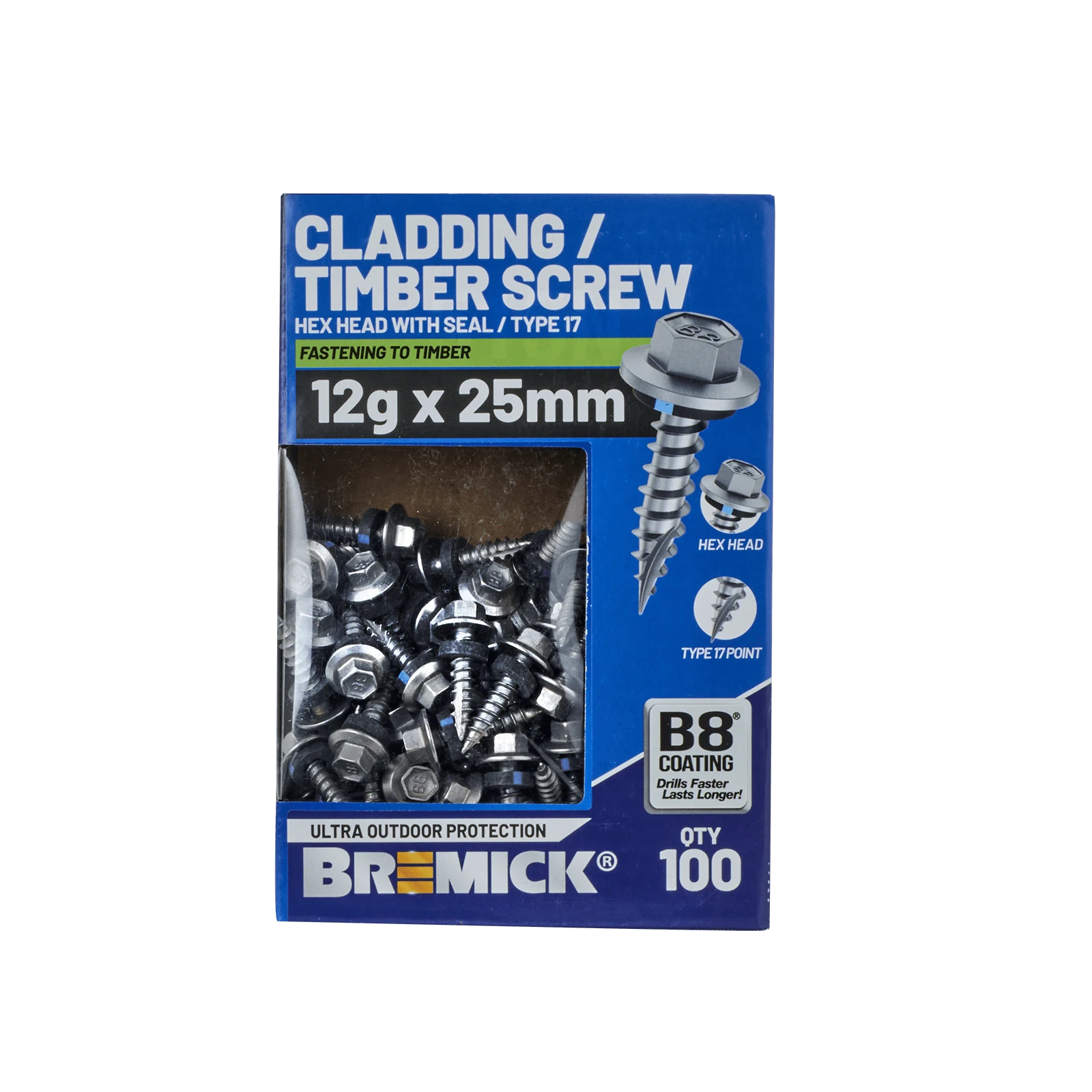 Bremick 12g x 25mm Hex Cladding Screw, Carbon Steel B8 Coating, Sealed Head Type 17 Point - 100 Pack