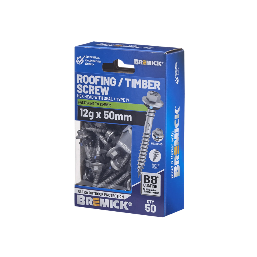 Bremick 12g x 50mm Hex Roofing Screws B8 Type 17 - 50 Pack