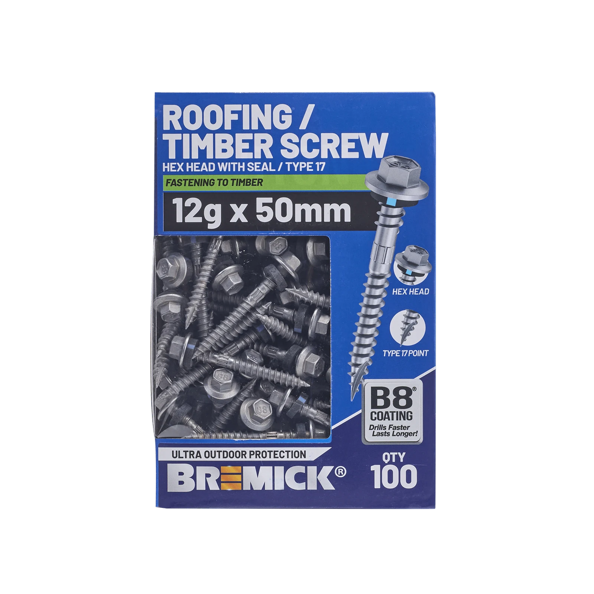 Bremick 12g x 50mm Hex Roofing Screw, Carbon Steel B8 Coating, Sealed Head Type 17 Point - 100 Box