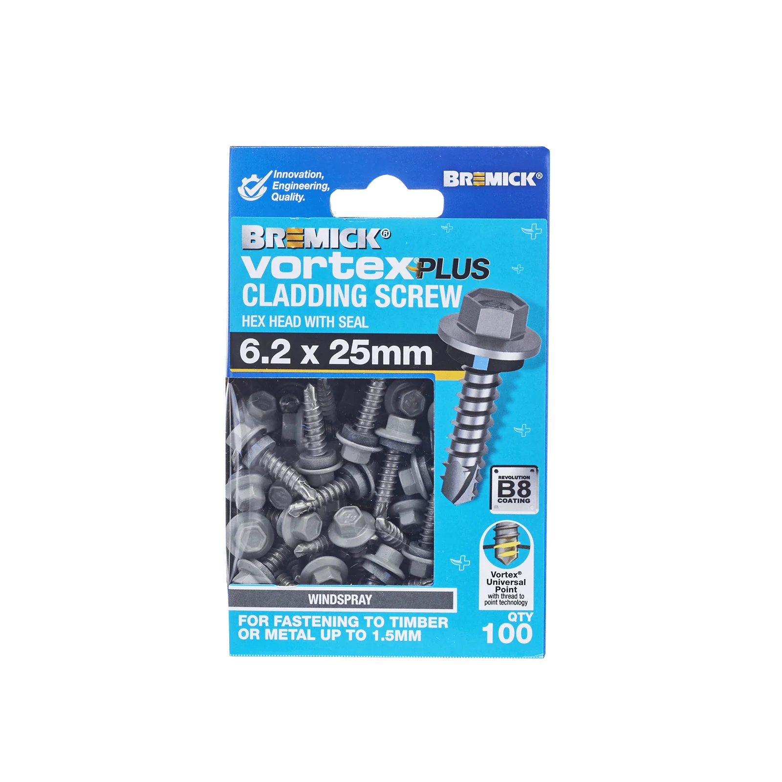 Bremick Vortex Plus 6.2 x 25mm Hex Cladding Screw, Carbon Steel B8 Windspray, Sealed Head Vortex Point - 100 Box