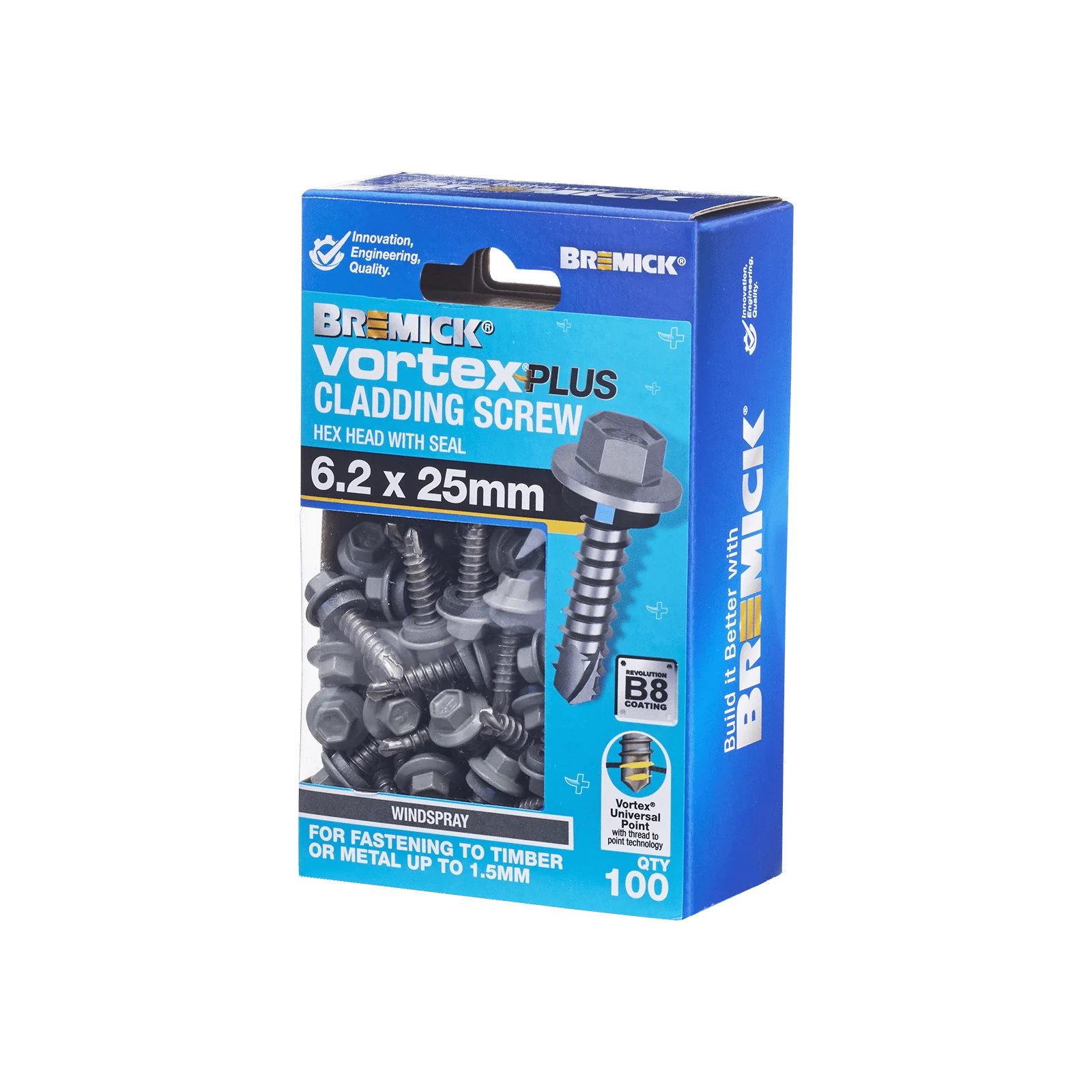 Bremick Vortex Plus 6.2 x 25mm Hex Cladding Screw, Carbon Steel B8 Windspray, Sealed Head Vortex Point - 100 Box