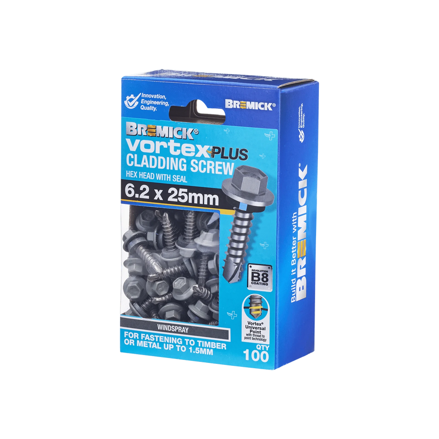 Bremick Vortex Plus 6.2 x 25mm Hex Cladding Screw, Carbon Steel B8 Windspray, Sealed Head Vortex Point - 100 Box