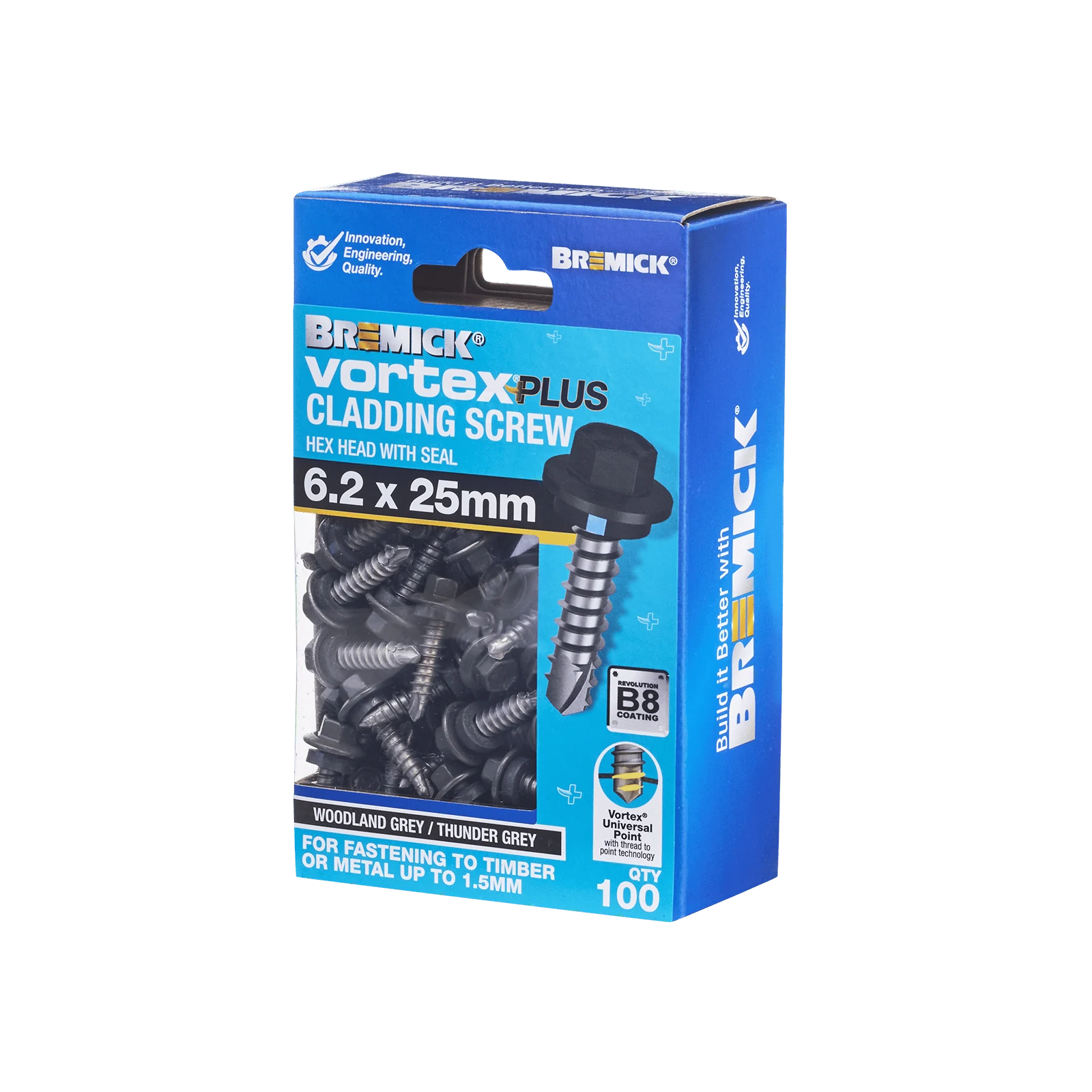 Bremick Vortex Plus 6.2 x 25mm Hex Cladding Screws B8 Woodland Grey - 100 Pack