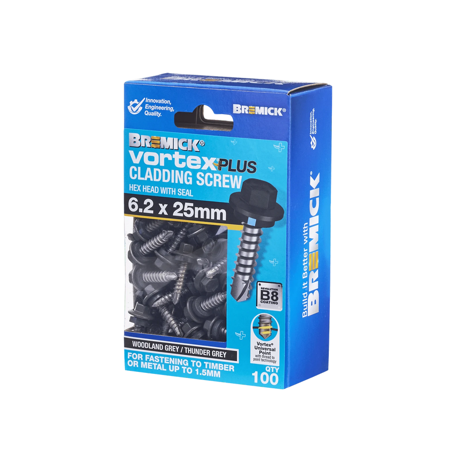 Bremick Vortex Plus 6.2 x 25mm Hex Cladding Screws B8 Woodland Grey - 100 Pack