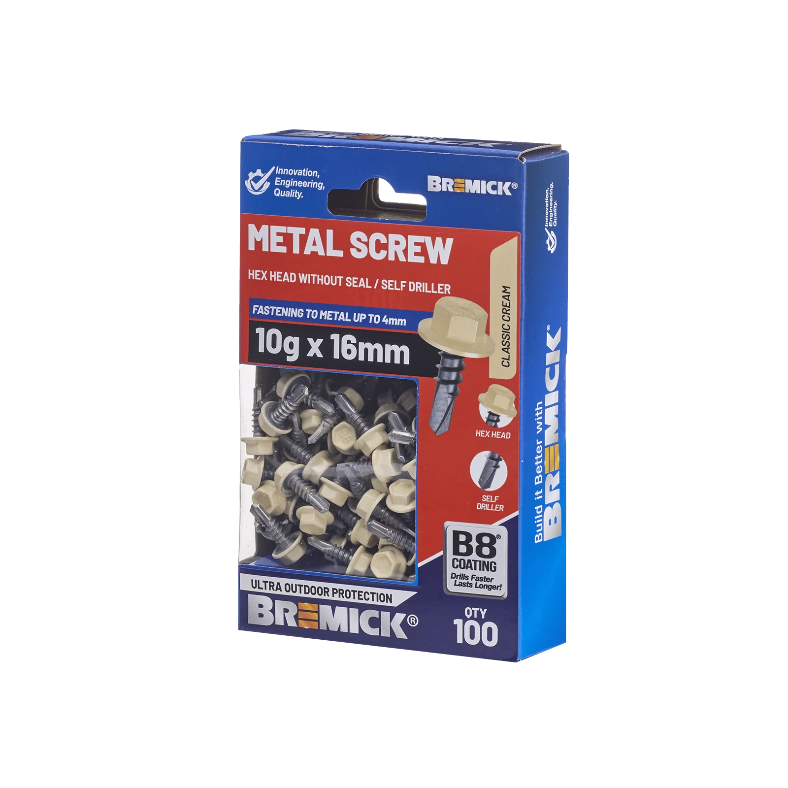 Bremick 10g x 16mm Hex Metal Screw, Carbon Steel B8 Classic Cream, Drill Point Fine Thread - 100 Box