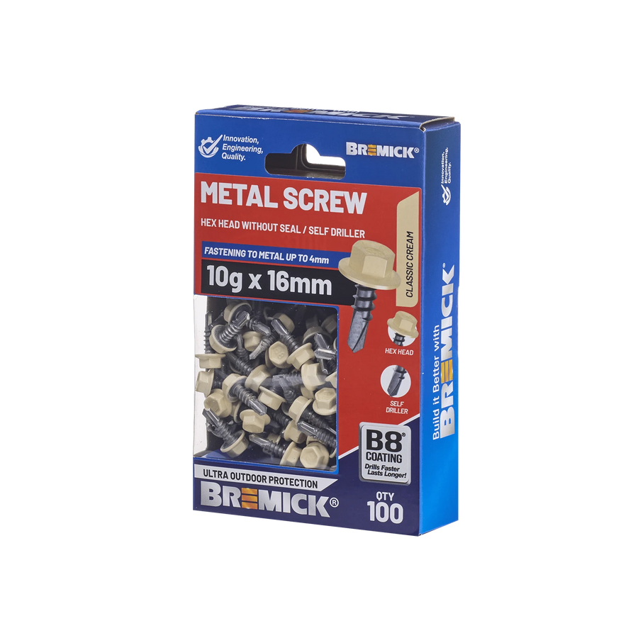 Bremick 10g x 16mm Hex Metal Screw, Carbon Steel B8 Classic Cream, Drill Point Fine Thread - 100 Box