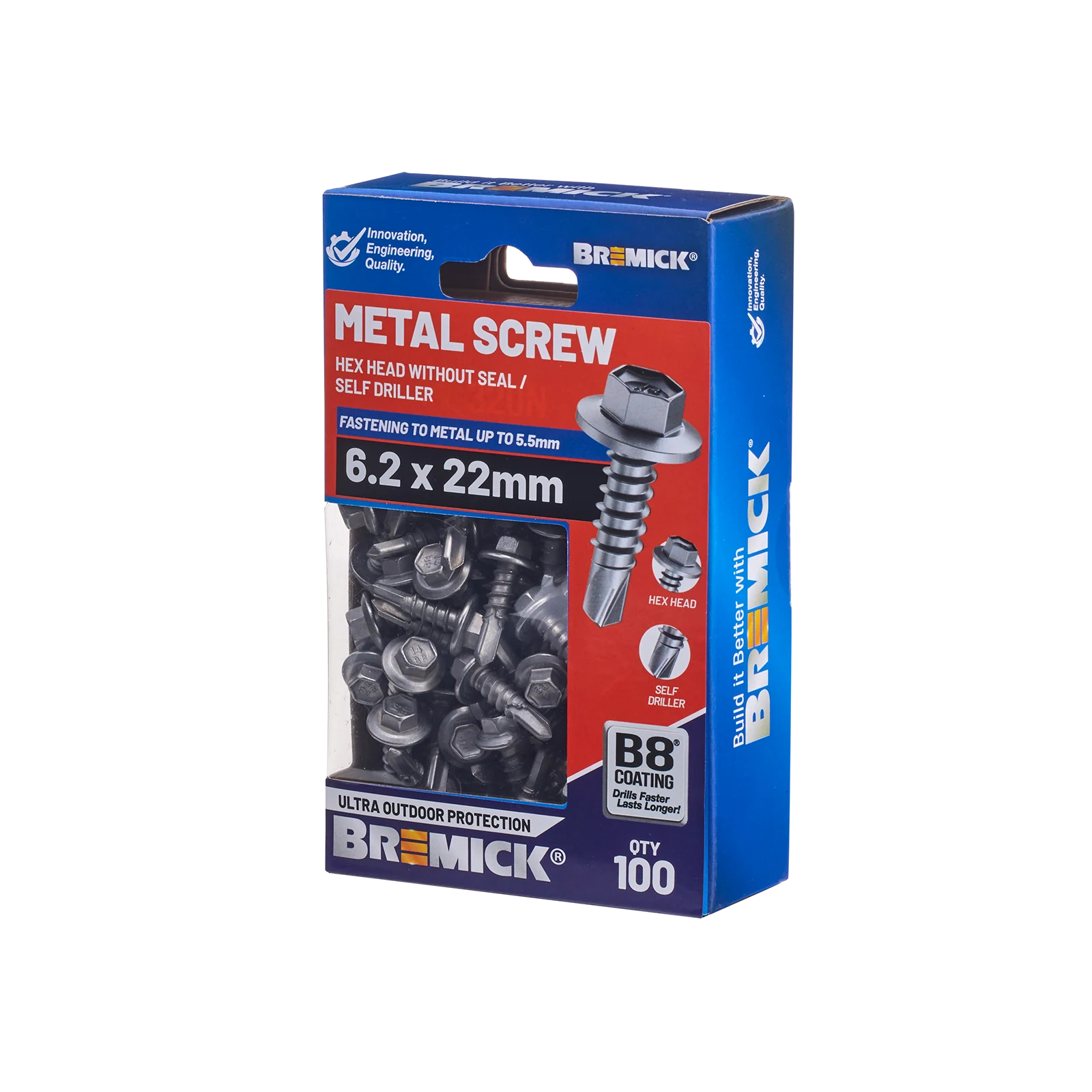 Bremick 6.2 x 22mm Hex Metal Screw, Carbon Steel B8 Coating, Drill Point Fine Thread - 100 Box