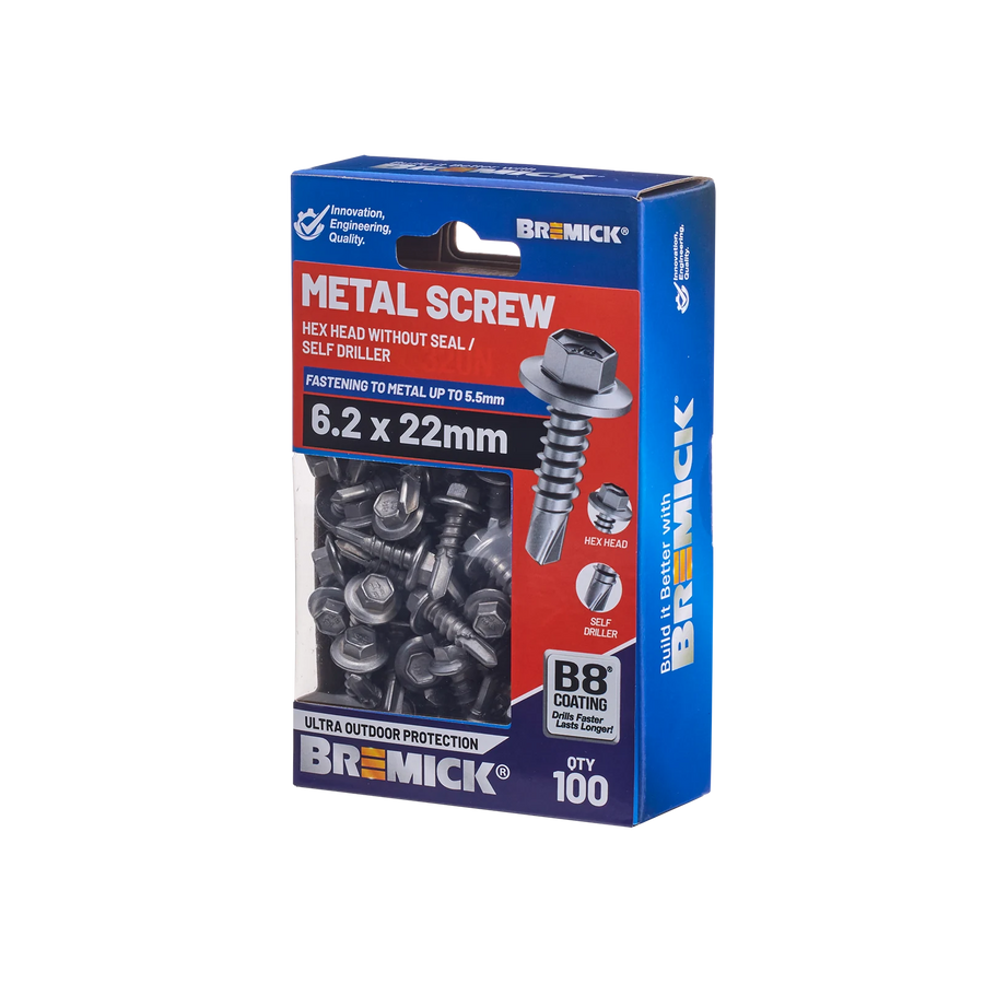 Bremick 6.2 x 22mm Hex Metal Screw, Carbon Steel B8 Coating, Drill Point Fine Thread - 100 Box