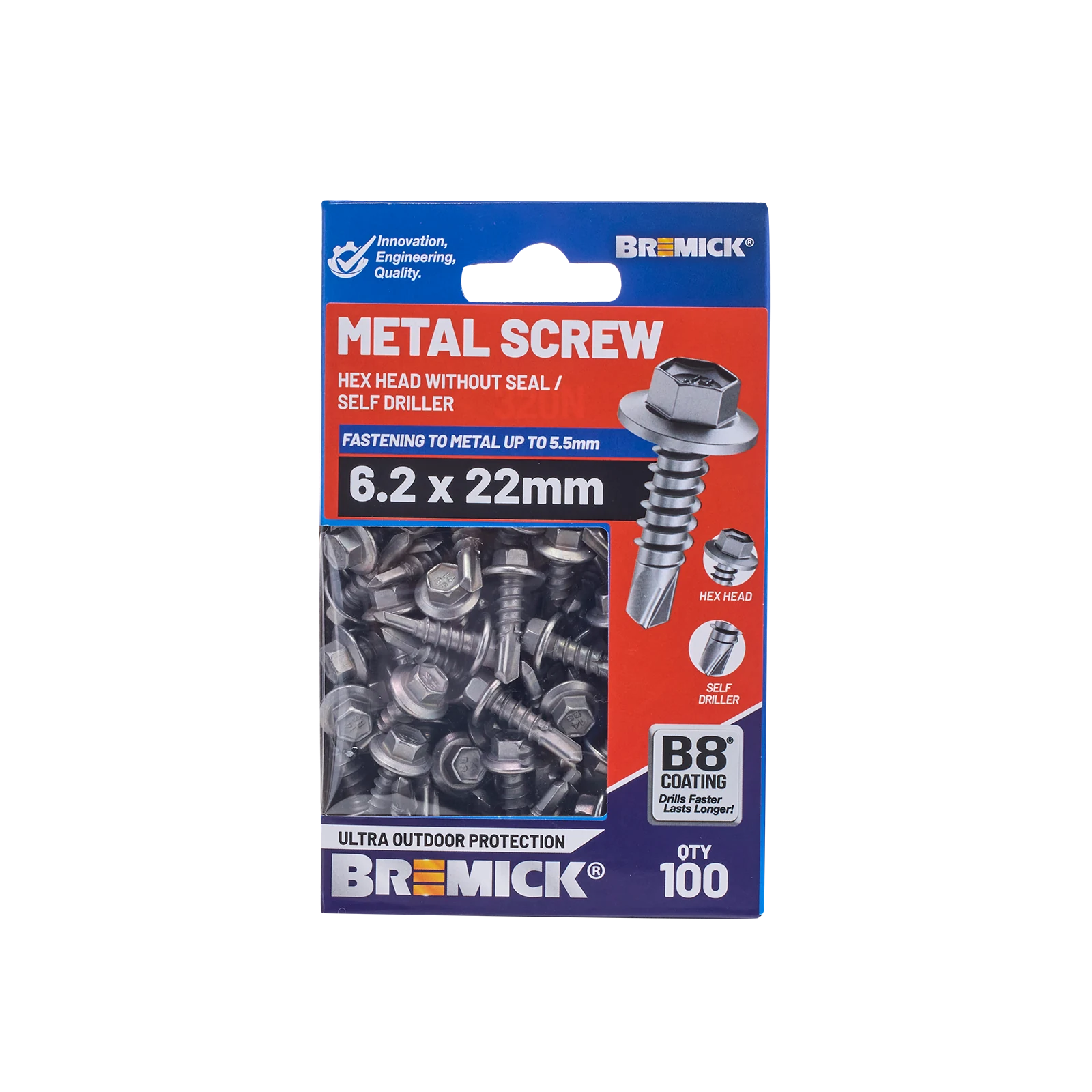Bremick 6.2 x 22mm Hex Metal Screw, Carbon Steel B8 Coating, Drill Point Fine Thread - 100 Box