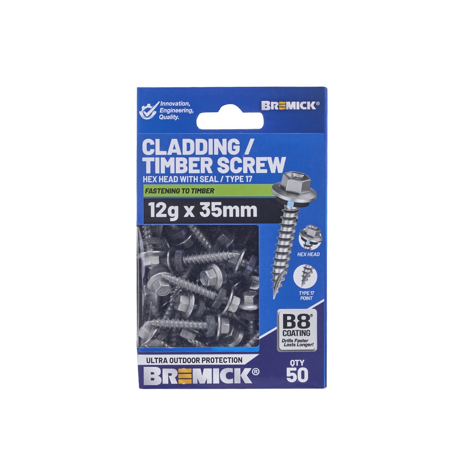 Bremick 12g x 35mm Hex Cladding Screw, Carbon Steel B8 Coating, Sealed Head Type 17 Point - 50 Pack