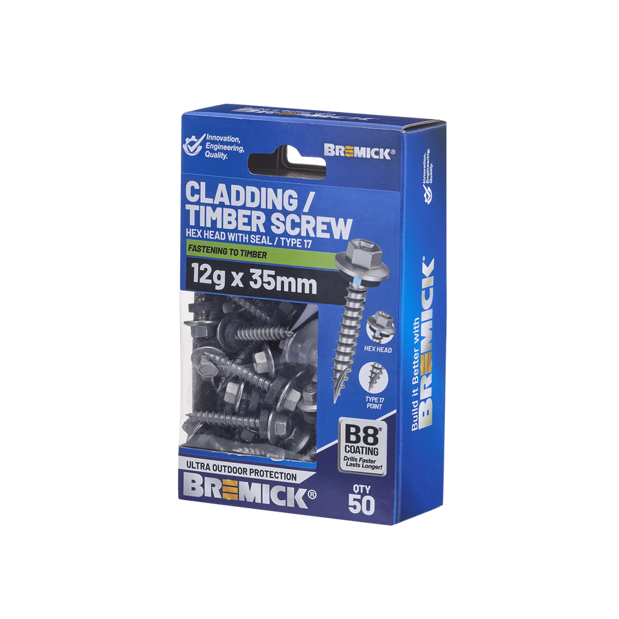 Bremick 12g x 35mm Hex Cladding Screw, Carbon Steel B8 Coating, Sealed Head Type 17 Point - 50 Pack
