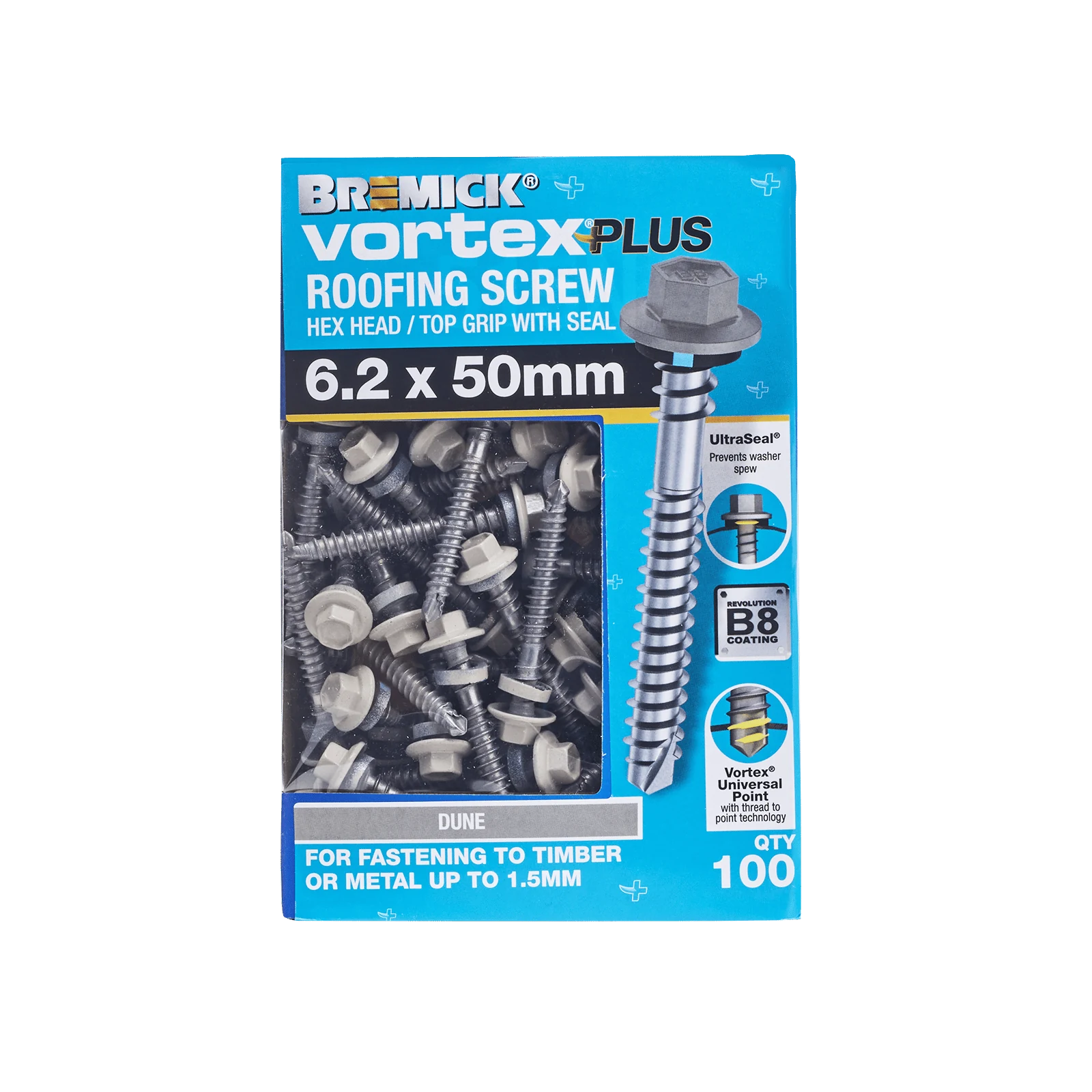 Bremick Vortex Plus 6.2 x 50mm Hex Roofing Screws B8 Dune - 100 Pack