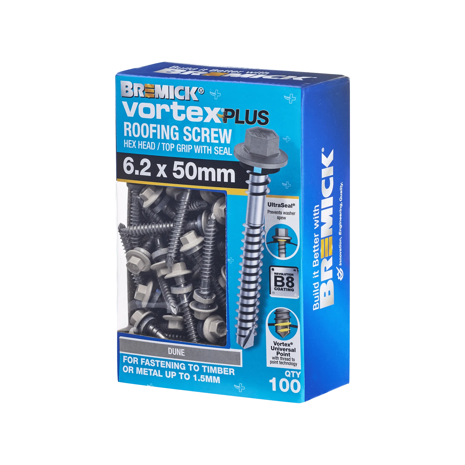 Bremick Vortex Plus 6.2 x 50mm Hex Roofing Screws B8 Dune - 100 Pack