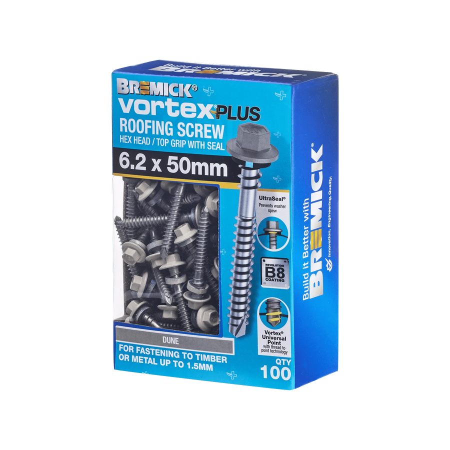 Bremick Vortex Plus 6.2 x 50mm Hex Roofing Screws B8 Dune - 100 Pack