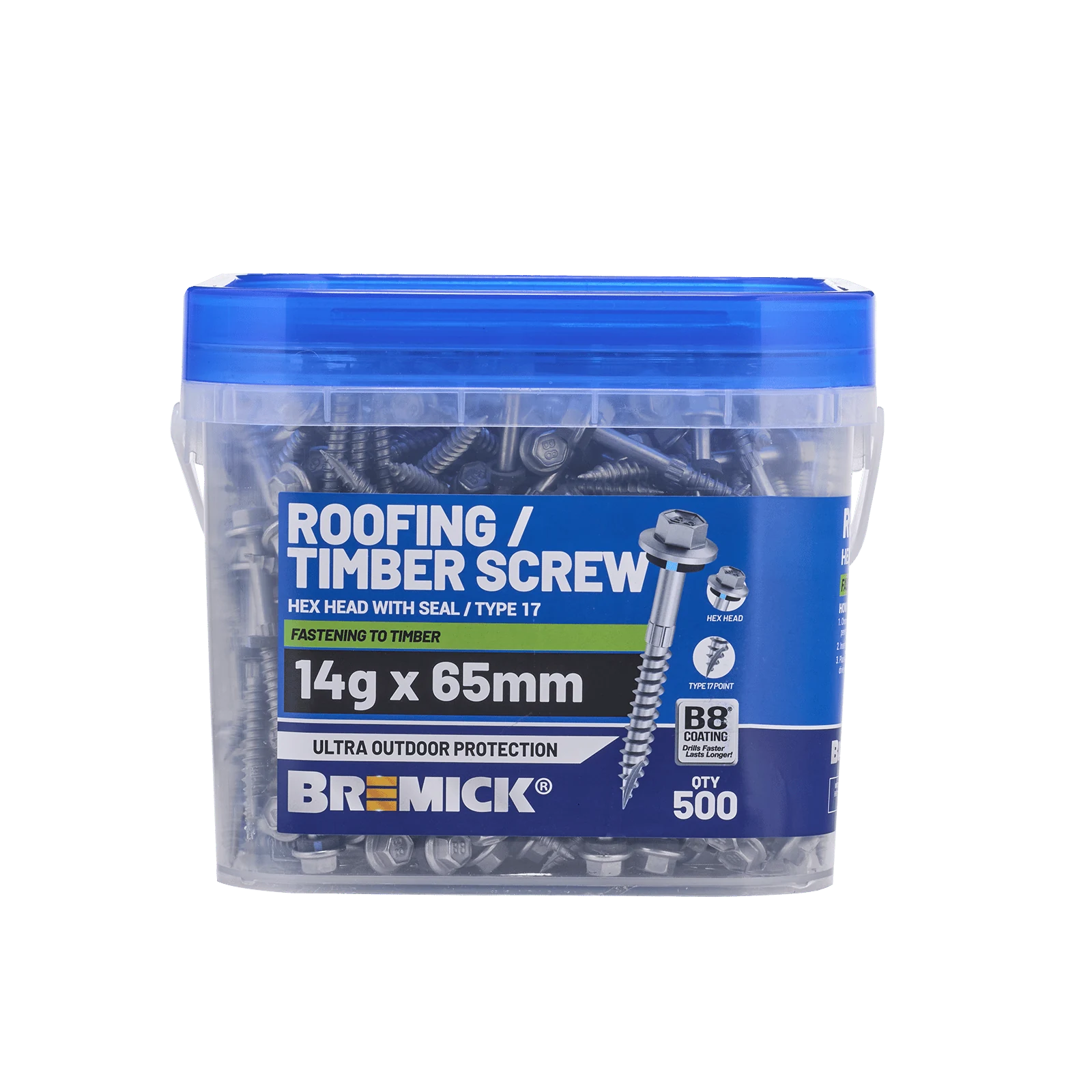 Bremick 14g x 65mm B8 Hex Roofing Screw Type 17 Carbon Steel - Box 500