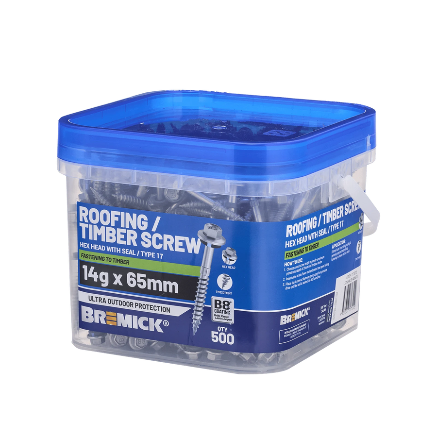 Bremick 14g x 65mm B8 Hex Roofing Screw Type 17 Carbon Steel - Box 500