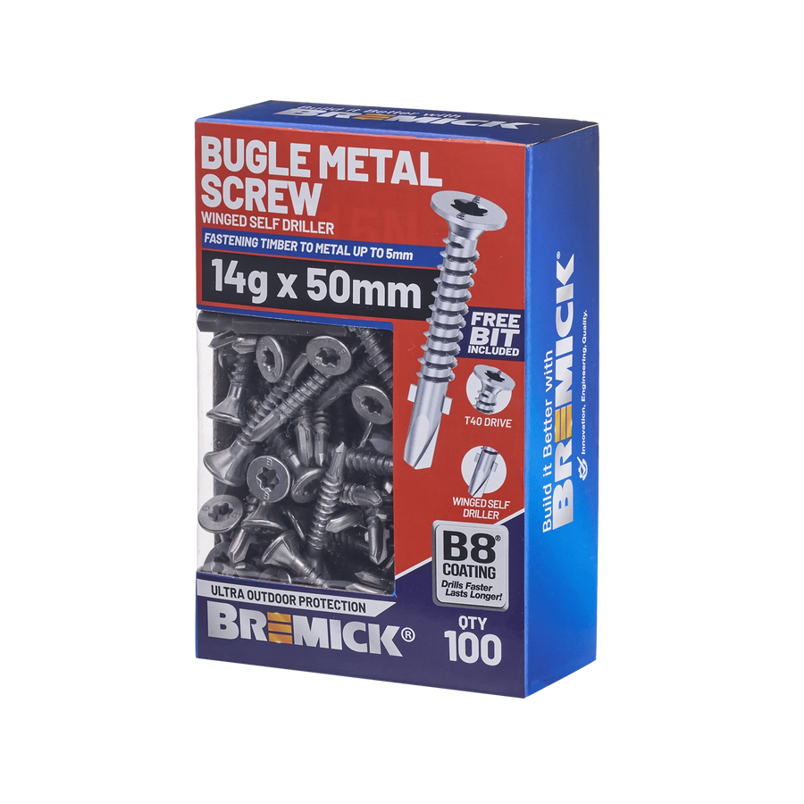 Bremick 14g x 50mm Bugle Head Metal Screw, Carbon Steel B8 Coating, T40 Drive Winged Drill Point - 100 Box