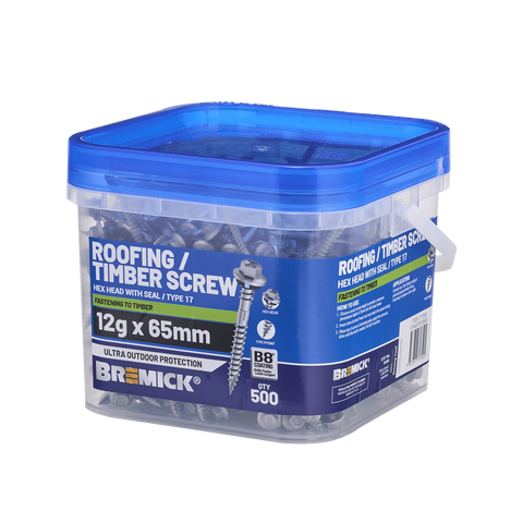 Bremick 12g x 65mm B8 Hex Roofing Screw Type 17 Carbon Steel - Box 500