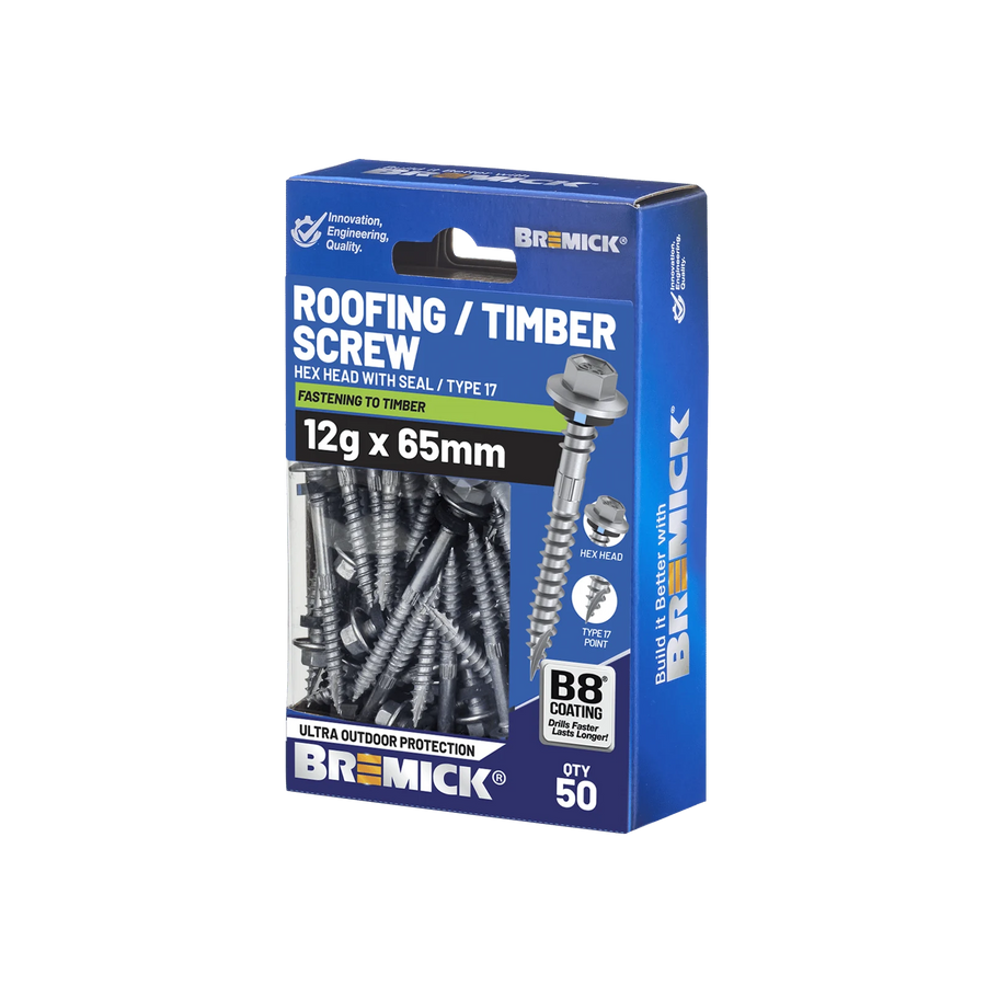 Bremick 12g x 65mm Hex Roofing Screw, Carbon Steel B8 Coating, Sealed Head Type 17 Point - 50 Pack