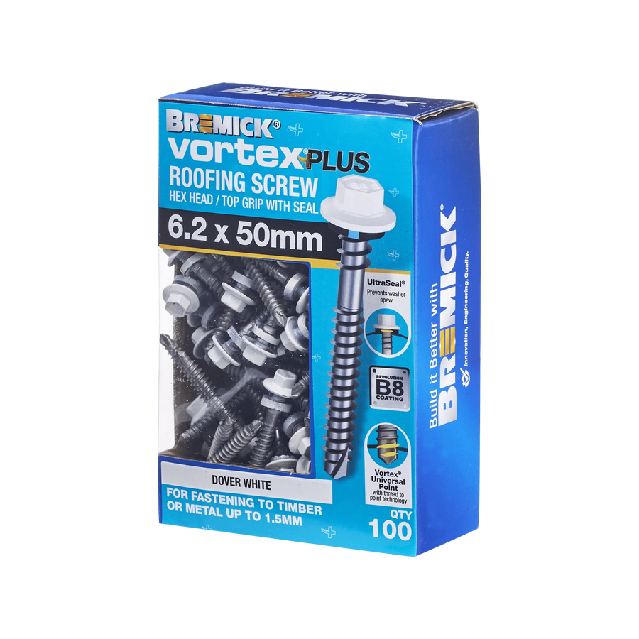 Bremick Vortex Plus 6.2 x 50mm Hex Roofing Screw, Carbon Steel B8 Dover White, Sealed Head Vortex Point - 100 Box