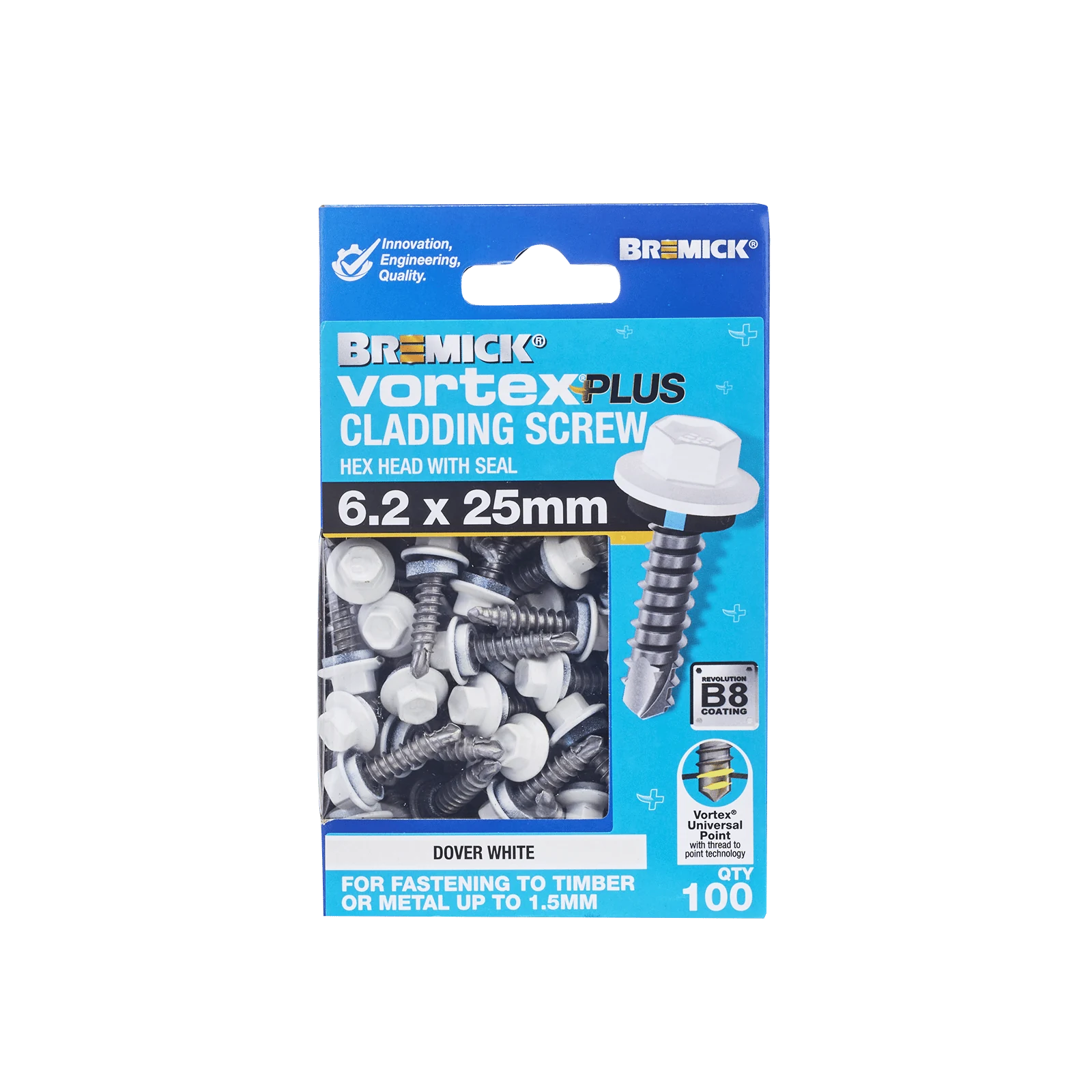Bremick Vortex Plus 6.2 x 25mm B8 Hex Cladding Screw Dover White - Box 100