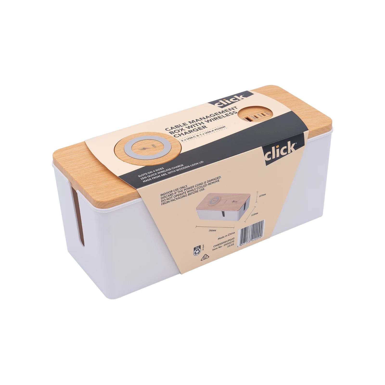 Click Cable Management Box with USB and Wireless Charger Wood-Look Lid CMB300WUPD