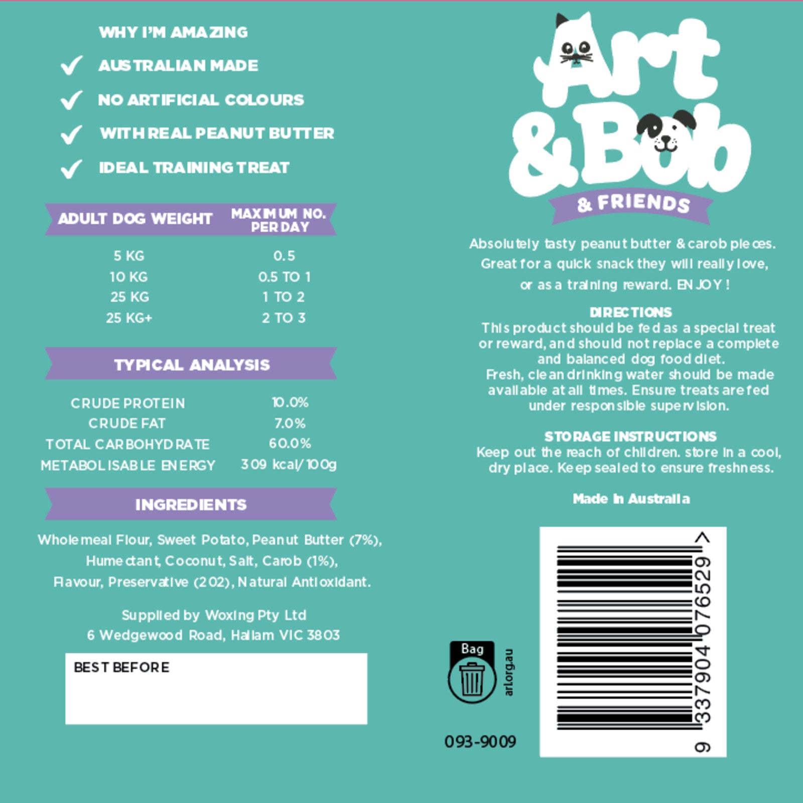 Art & Bob Peanut Butter & Carob Pieces Dog Treats - 200g, Australian Made