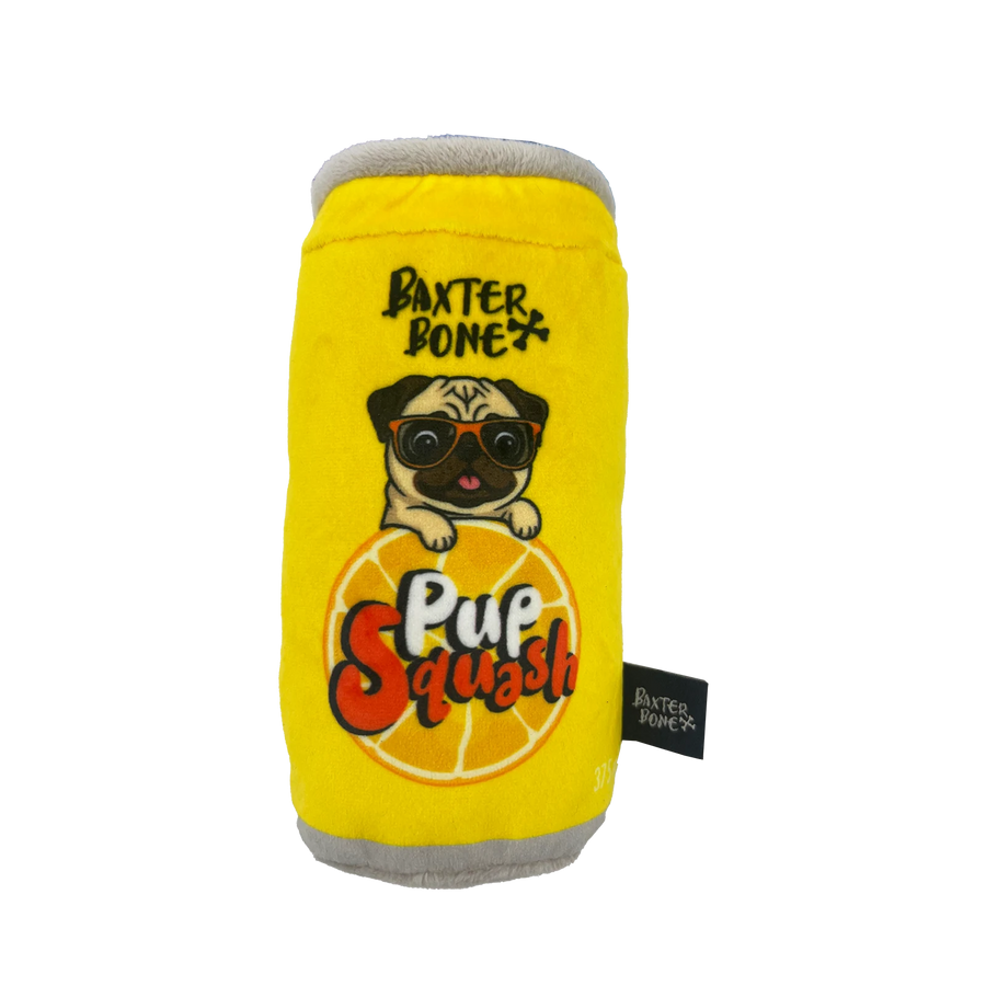 Baxter Bone Pup-Squash Soda Can Plush Dog Toy - Squeaker & Crinkle