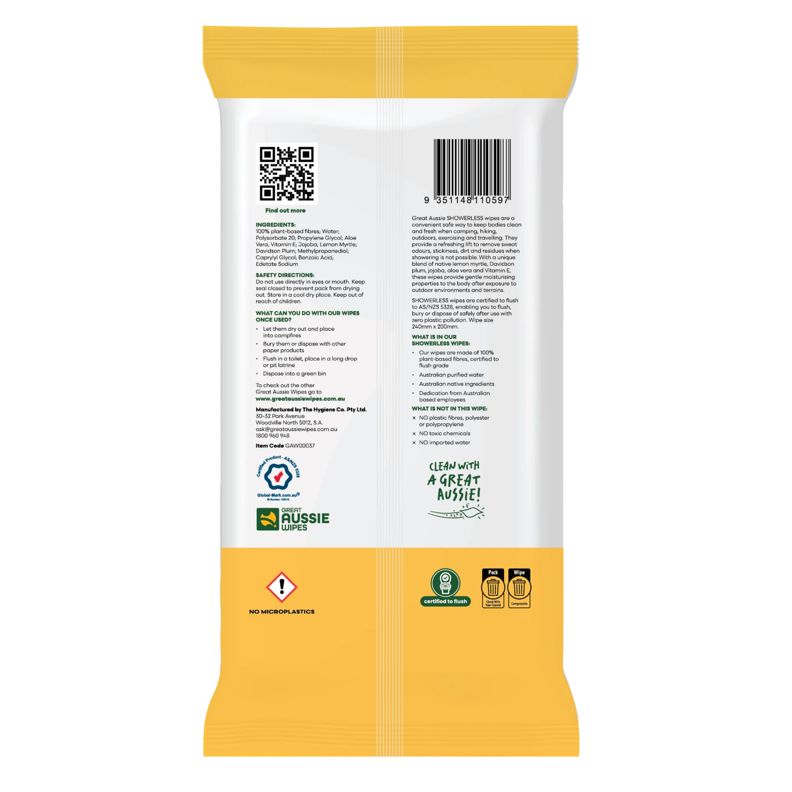Great Aussie Wipes Showerless Body Wipes - 20 Pack, Biodegradable