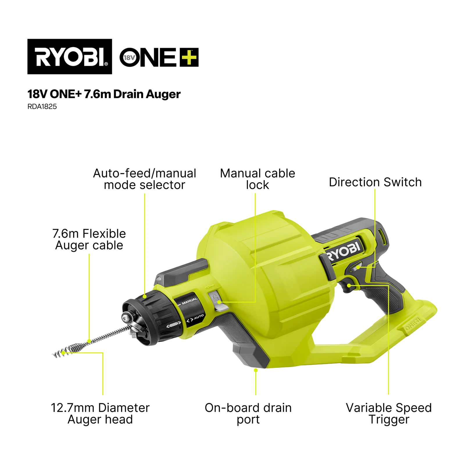 Ryobi 18V ONE+ 7.6m Cordless Drain Auger RDA1825 - Tool Only