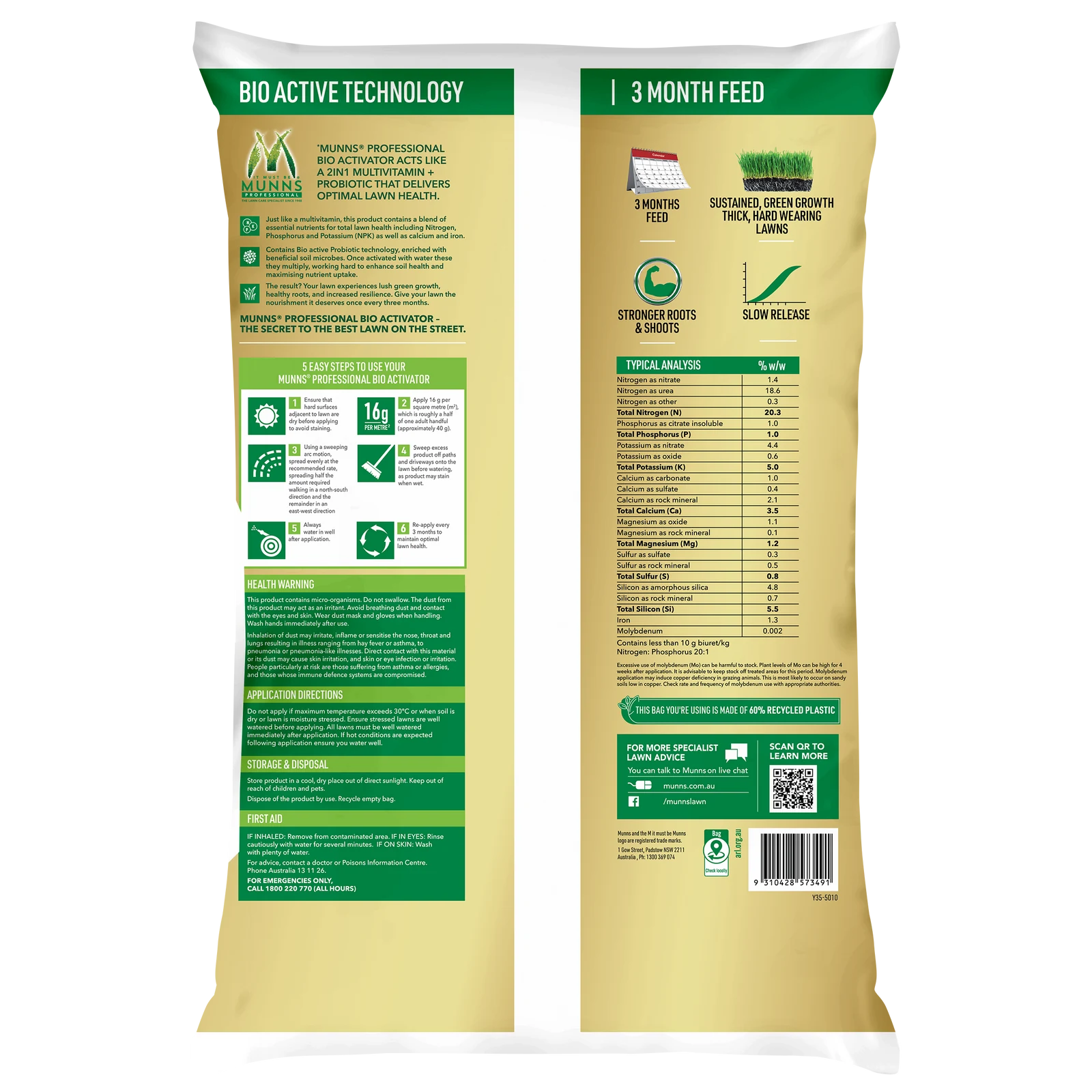 Munns Professional 8kg Bio Activator Granular Lawn Fertiliser, All Lawns, 500m2 Coverage