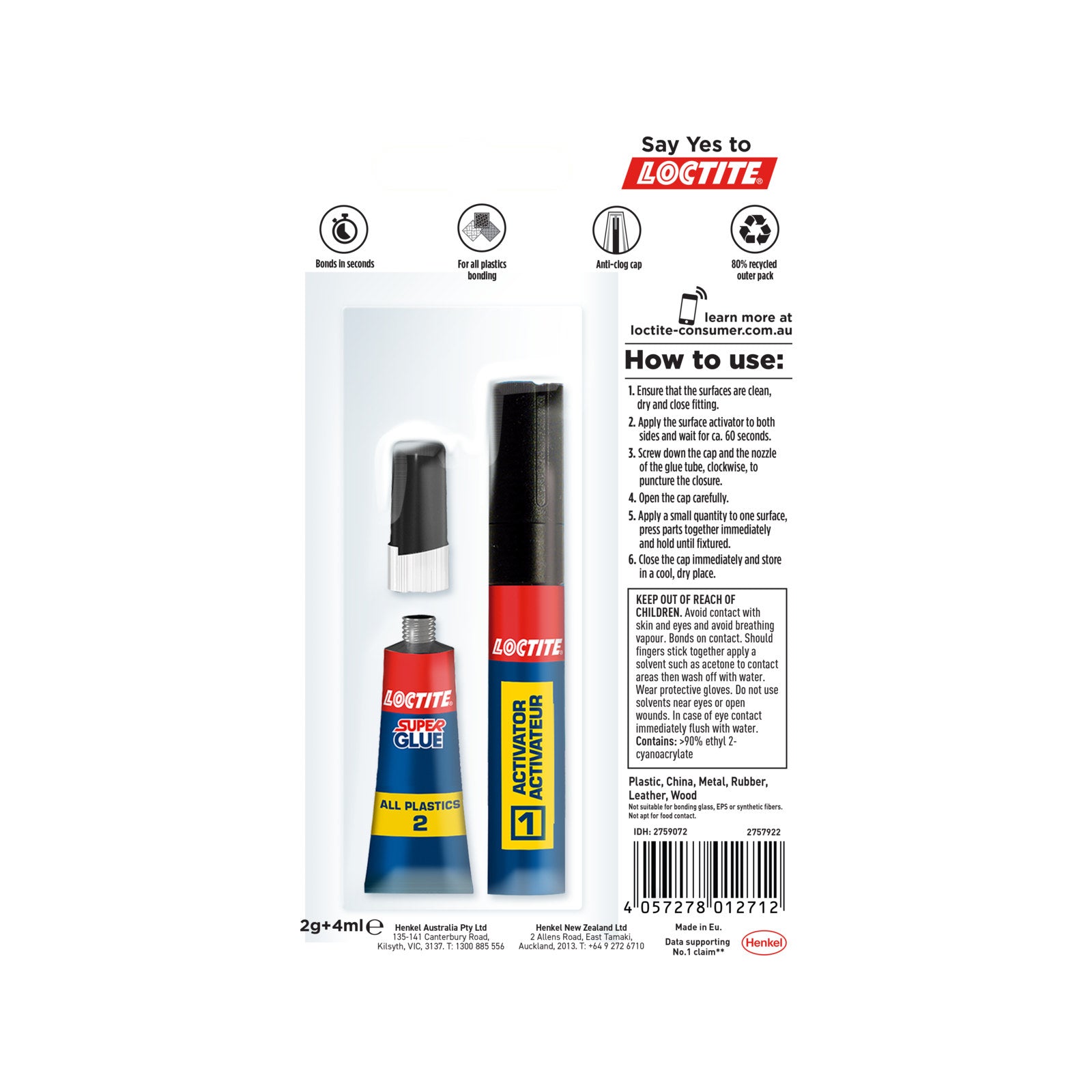 Loctite All Plastics 2-Part Superglue 2g & 4ml, Clear Drying Bonding System