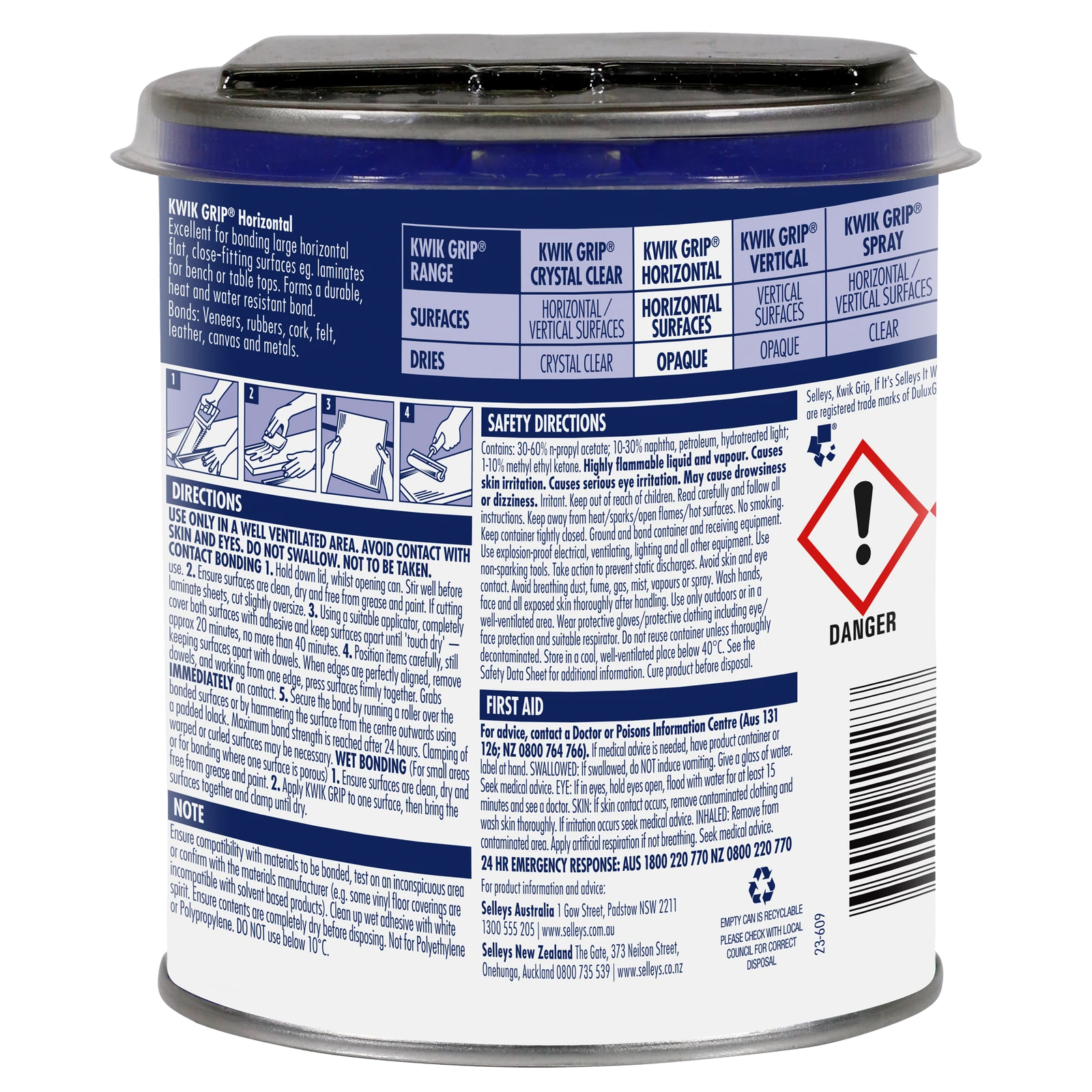 Selleys 500ml Kwik Grip Horizontal Contact Adhesive - Solvent-Based, Instant Bond