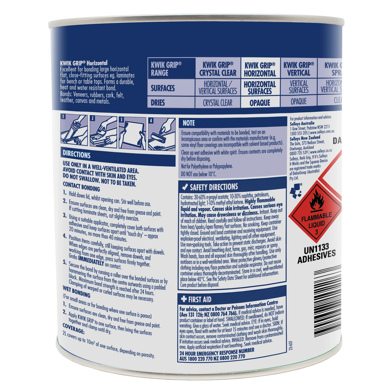 Selleys 2L Kwik Grip Horizontal Contact Adhesive - Solvent-Based, Instant Bond