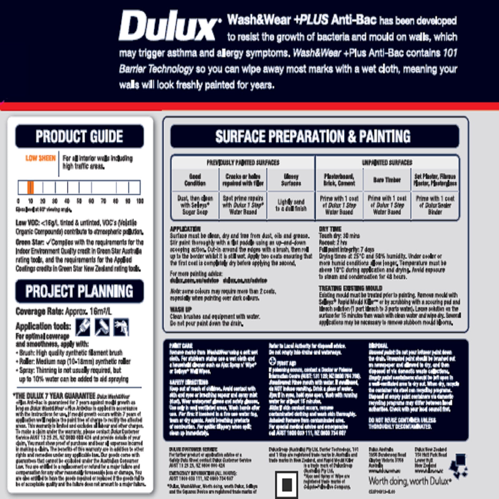 Dulux 4L Wash & Wear +PLUS Kitchen & Bathroom Low Sheen Vivid White