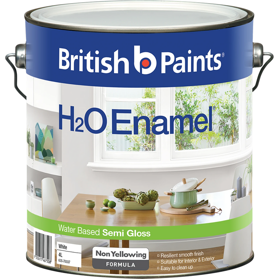 British Paints White Semi Gloss H2O Enamel Paint 4L - Water Based, Doors & Trim