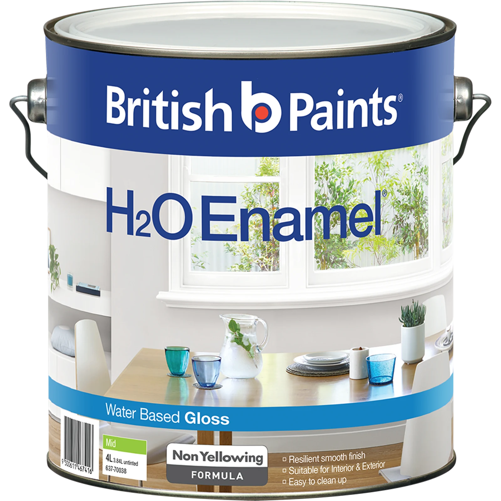 British Paints Mid Gloss H2O Enamel Paint 4L - Water Based, UV Resistant, Tintable