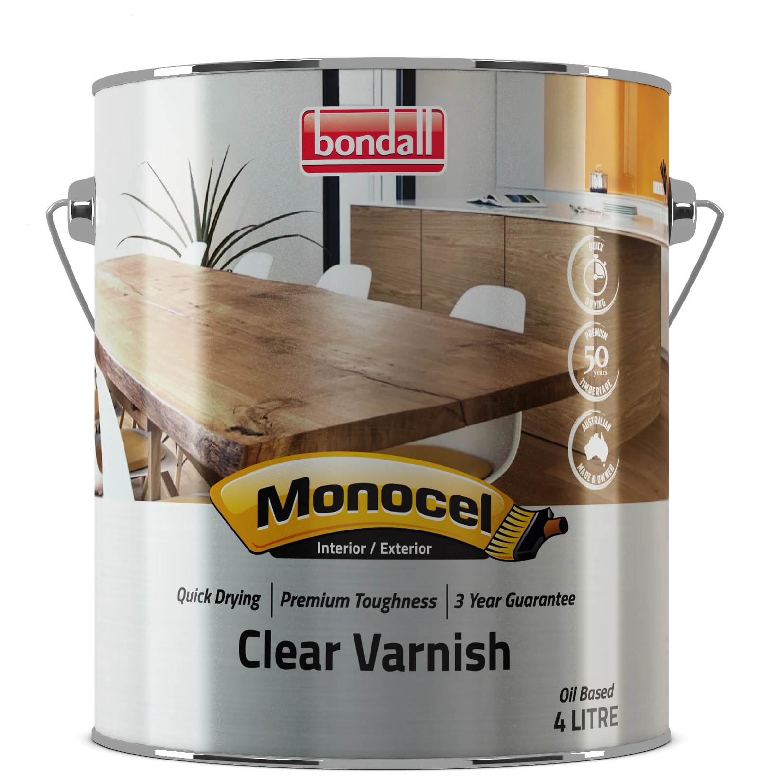 Bondall Monocel 4L Satin Clear Timber Varnish, Polyurethane, UV Resistant, Waterproof, Tintable Finish