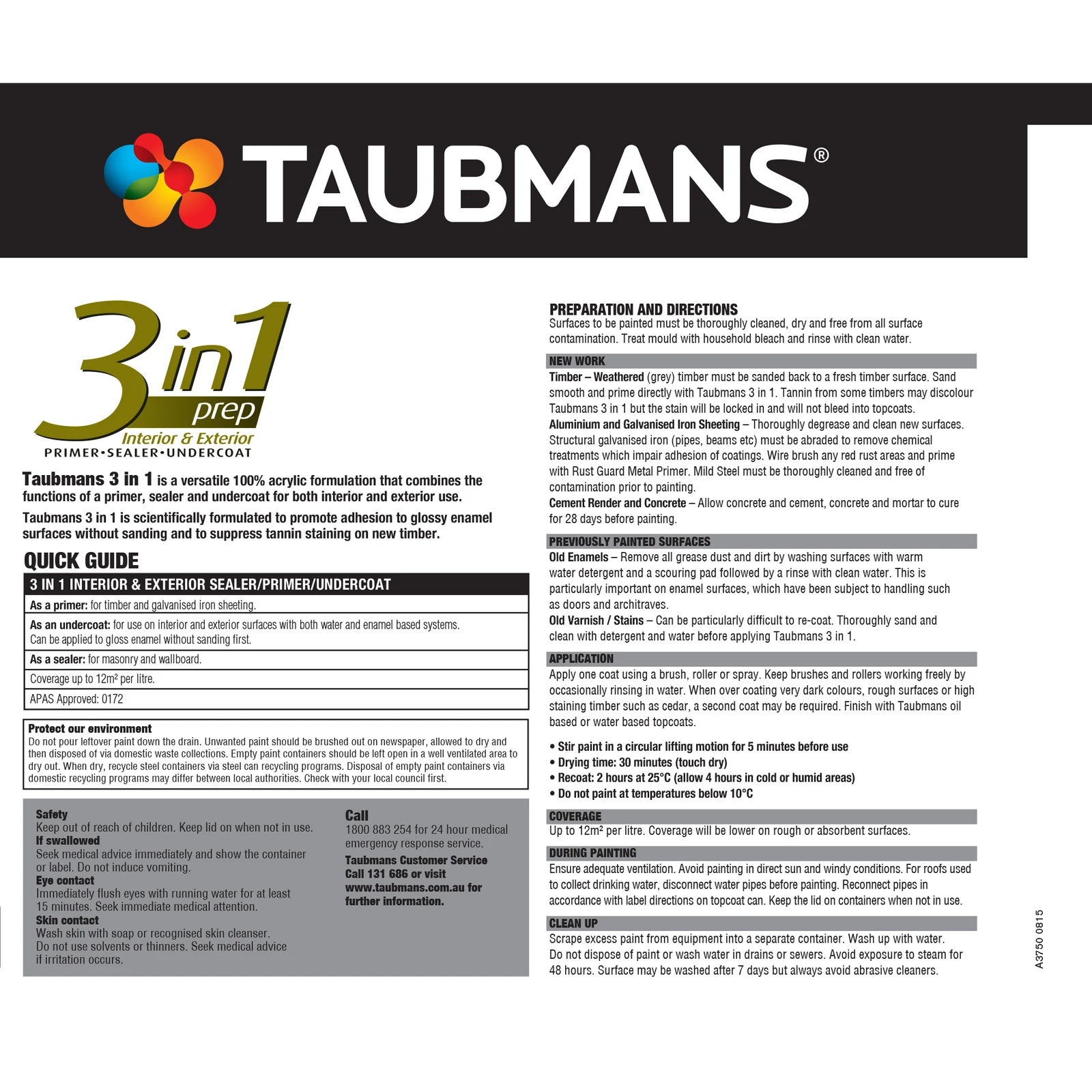 Taubmans 3 In 1 Primer Undercoat Sealer 10L White Water Based