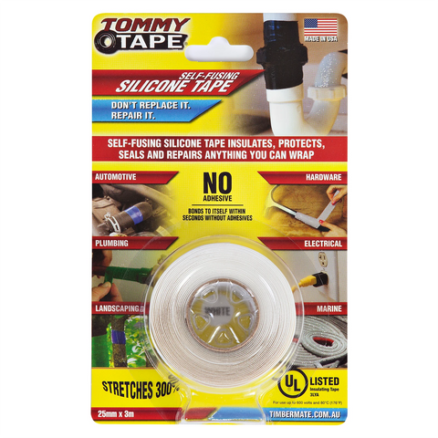 Tommy Tape 25mm x 3m White Self-Fusing Silicone Tape, UV & Moisture Resistant