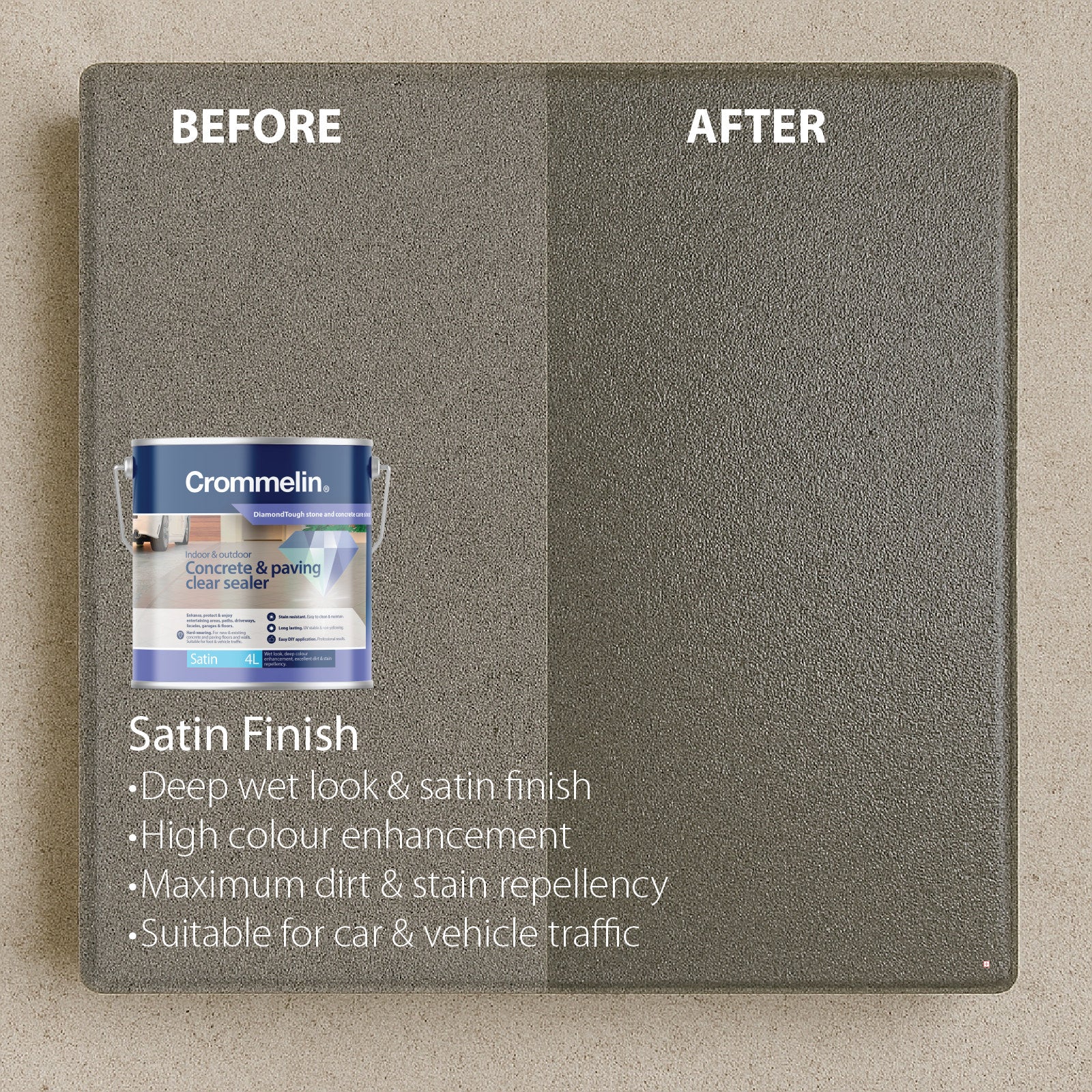 Crommelin 4L Clear Satin DiamondTough Concrete & Paving Sealer, Solvent Based