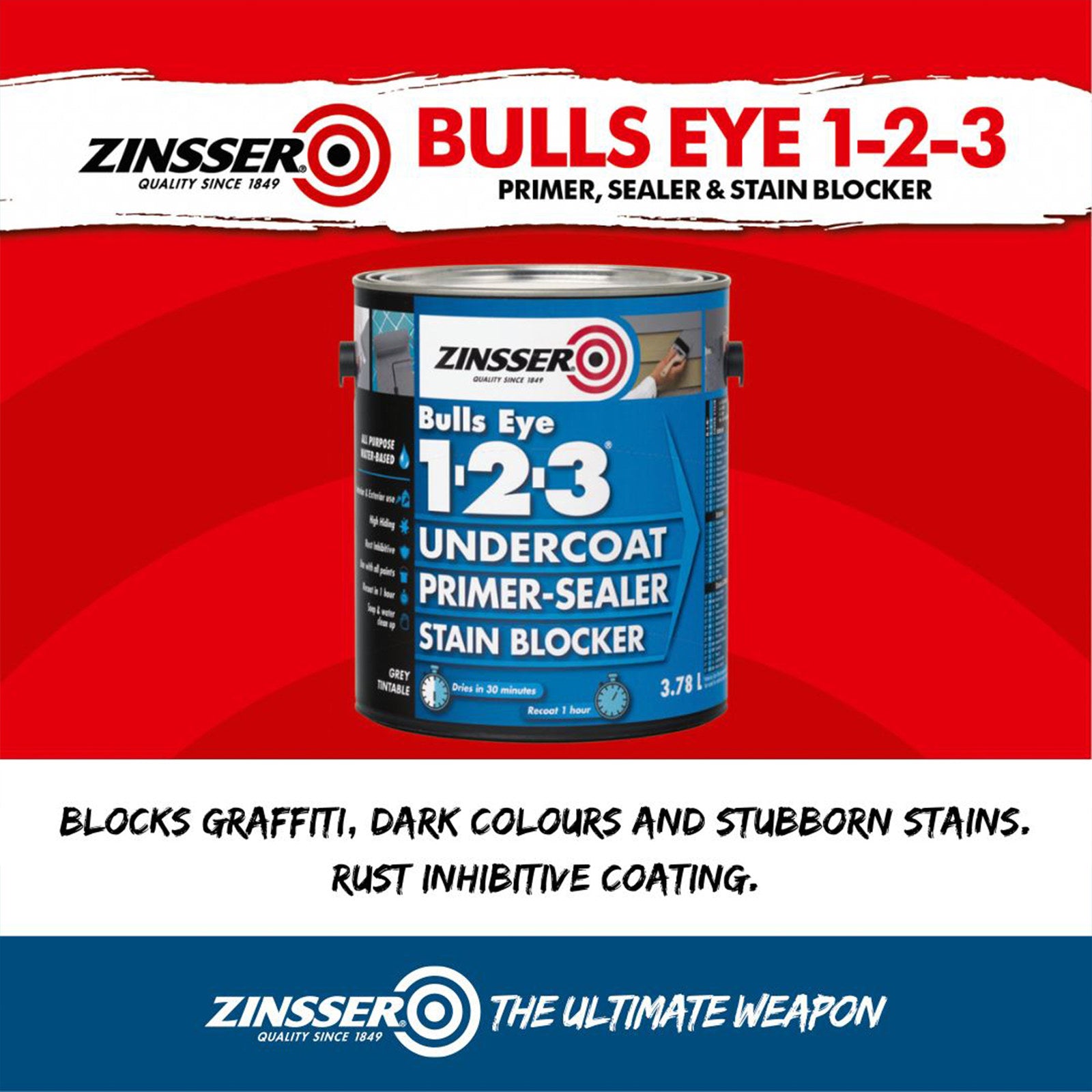 Zinsser Bulls Eye 1-2-3 Primer Undercoat Sealer Stain Blocker White 1L