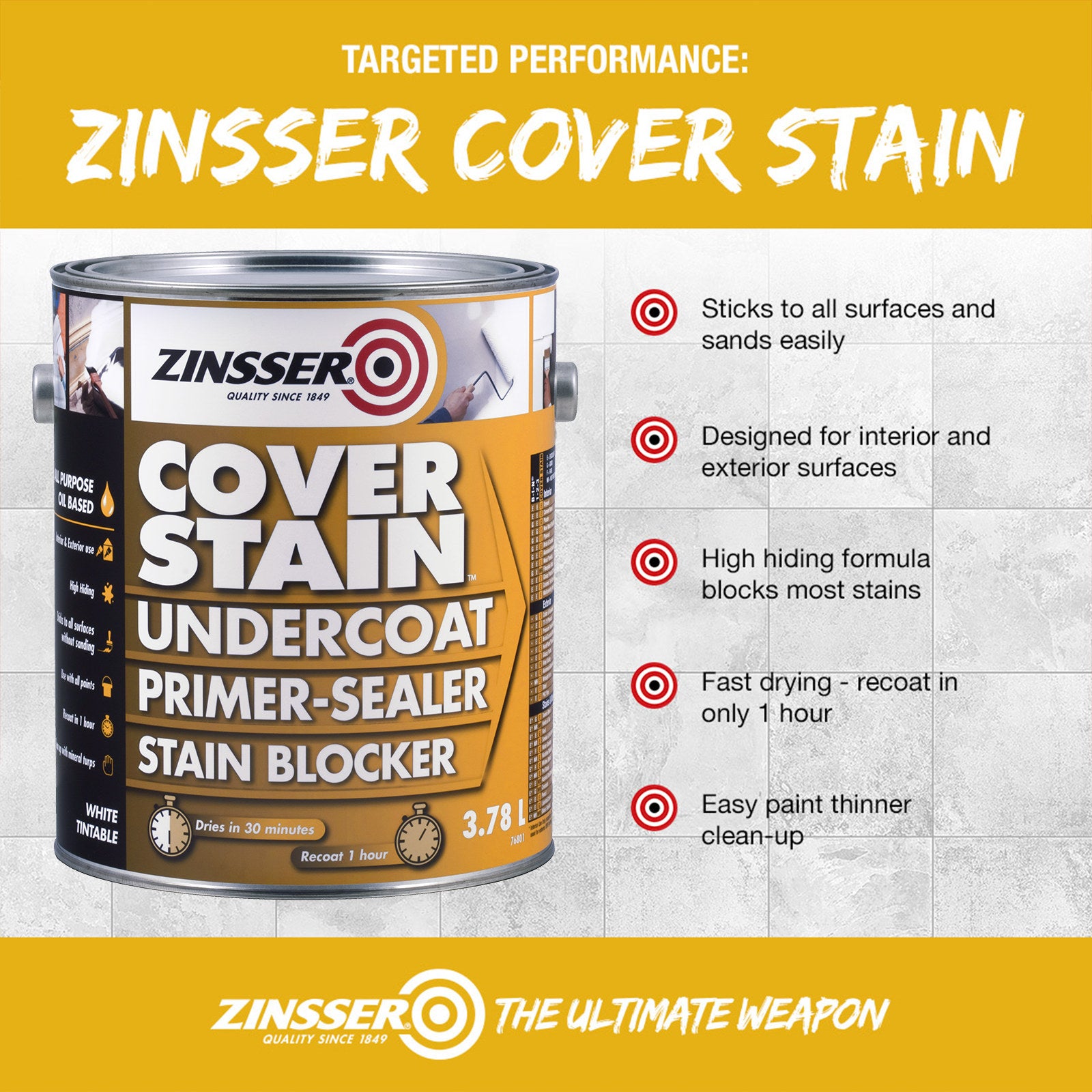Zinsser CoverStain Primer Sealer Stain Blocker 1L White Oil-Based Tintable