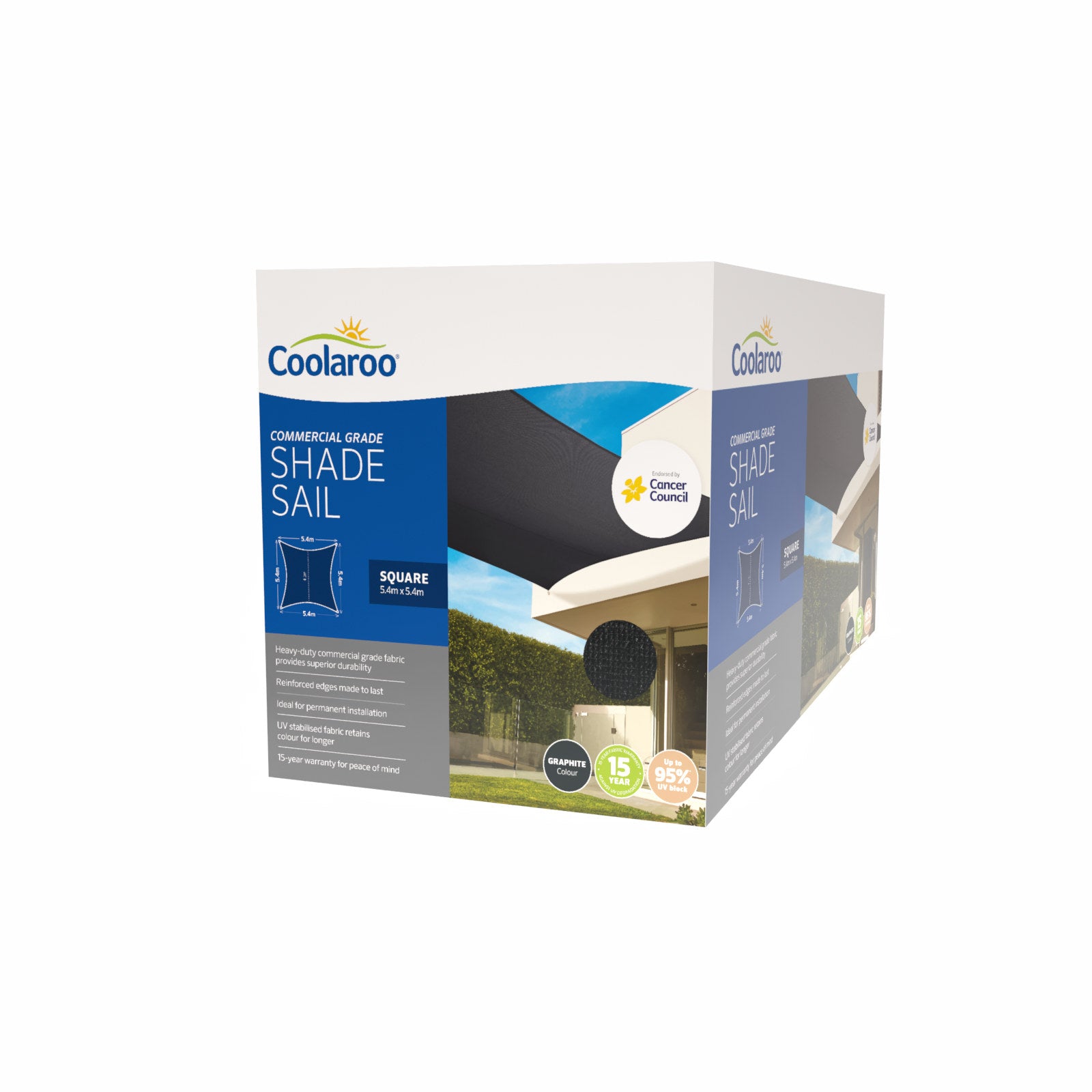 Coolaroo 5.4 x 5.4m Graphite Square Commercial Grade Shade Sail - 95% UV Block