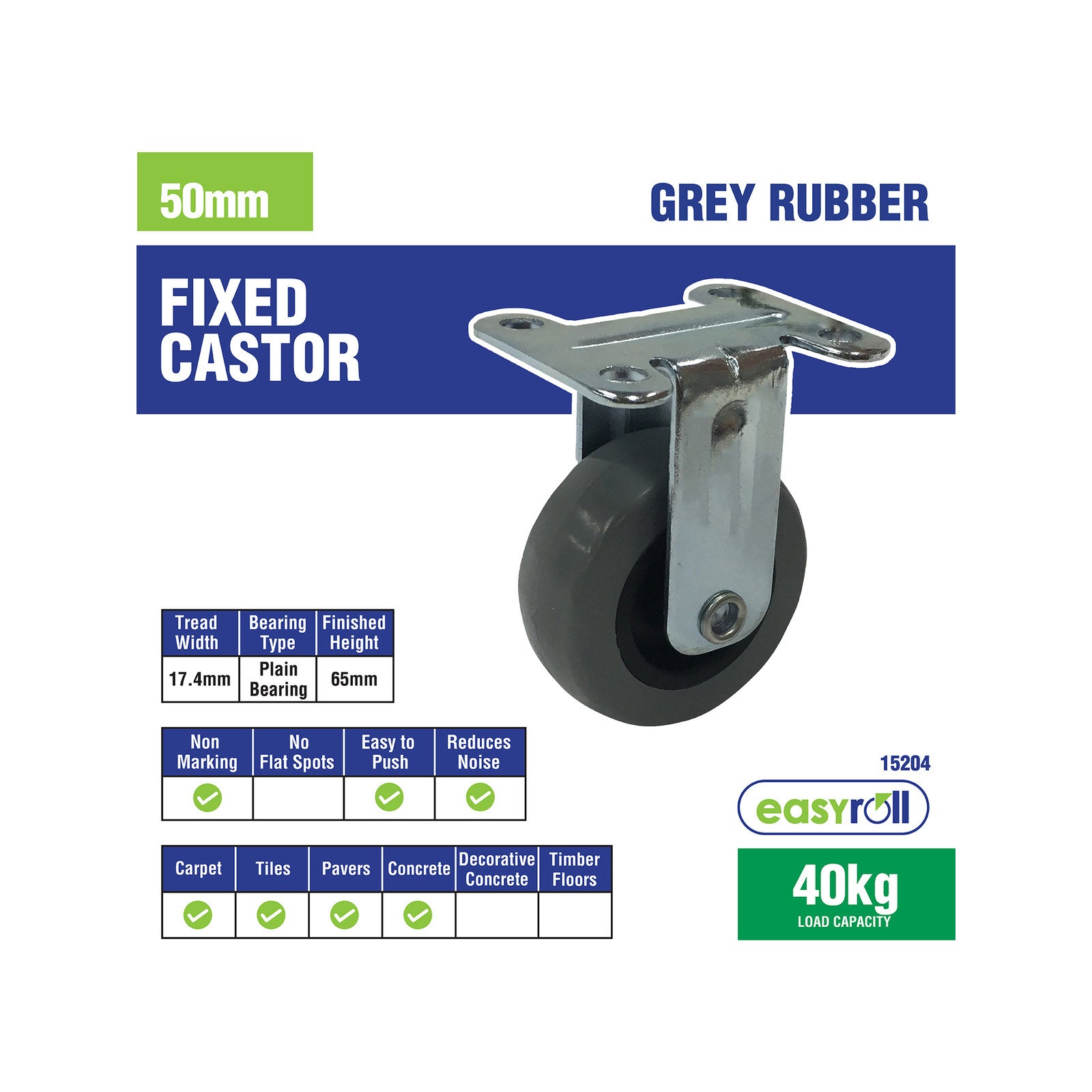 Easyroll 50mm Grey Rubber Fixed Plate Castor, Indoor, 40kg